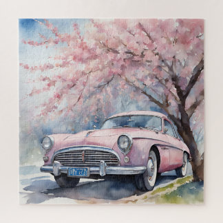 Quebra-cabeça Elegância Rosa: Carro Velho em Aquarela