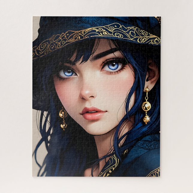 Quebra-cabeça Elegant Anime Girl in Dark Blue Velvet Hat (Vertical)