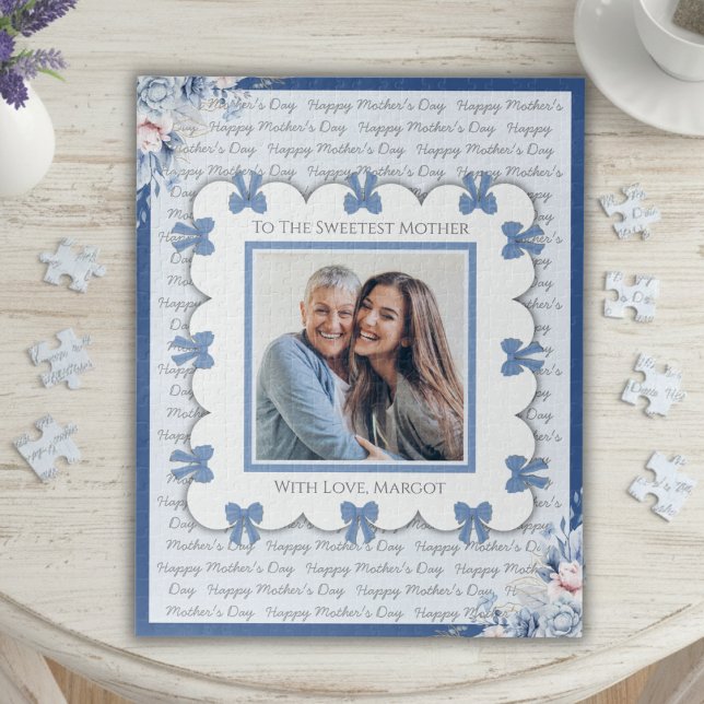 Quebra-cabeça Elegant Blue Coquette Sweetest Mother’s Day Photo (Piece together love with this personalized sweet floral Mother's Day photo puzzle)