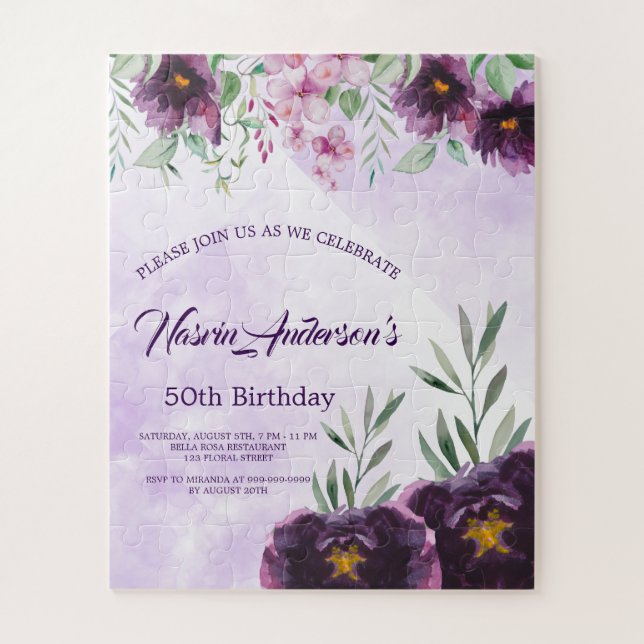 Quebra-cabeça Elegant Purple Floral Birthday Invitation (Vertical)