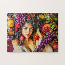 Quebra-cabeça Elegant woman with pomegranate grapes and floral c