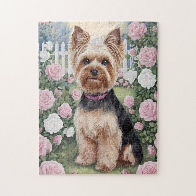 Quebra-cabeça Elegant Yorkshire Terrier Rosa Garden Painting (Vertical)