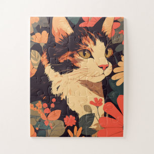 Quebra-cabeça Elegante Calico Cat em Floral Garden Jigsera Quebr