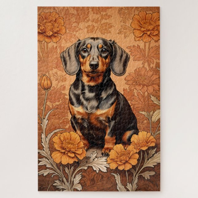Quebra-cabeça Elegante Dachshund E Marigolds (Vertical)