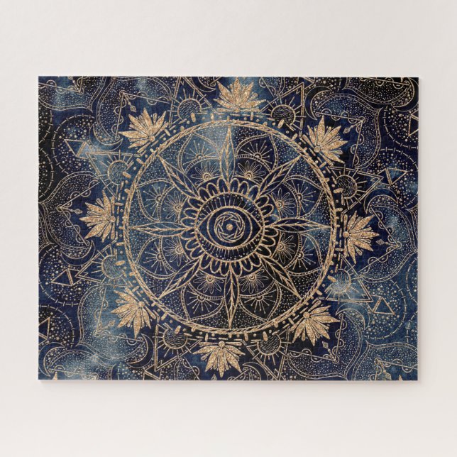 Quebra-cabeça Elegante Dourado Mandala Olho Sol Lua Marinho Azul (Horizontal)