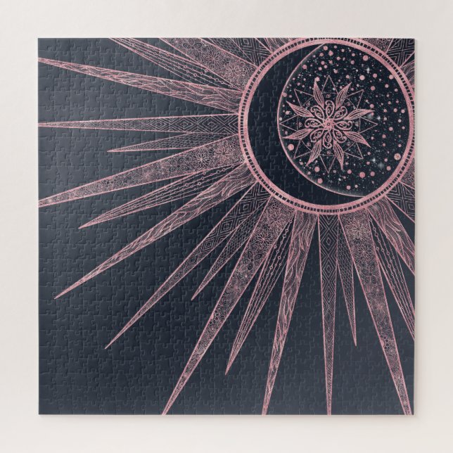 Quebra-cabeça Elegante Rosa Dourado Doodles Sun Moon Mandala Des (Vertical)