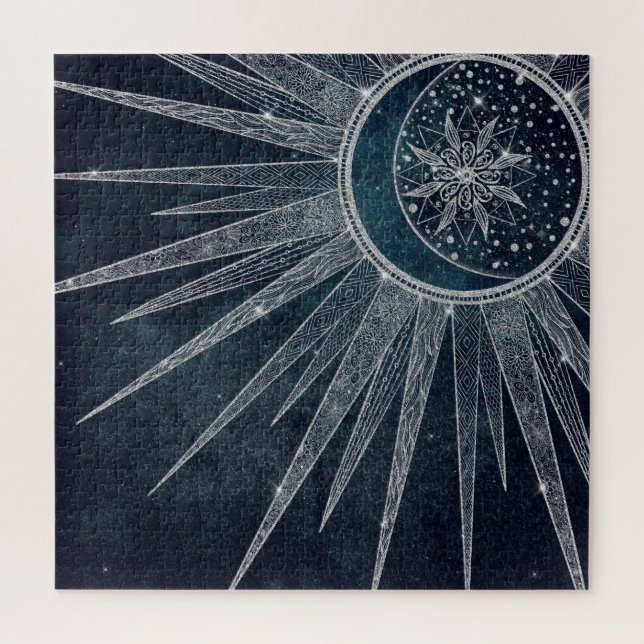 Quebra-cabeça Elegante Sun Moon Doodle Mandala Blue Design (Vertical)