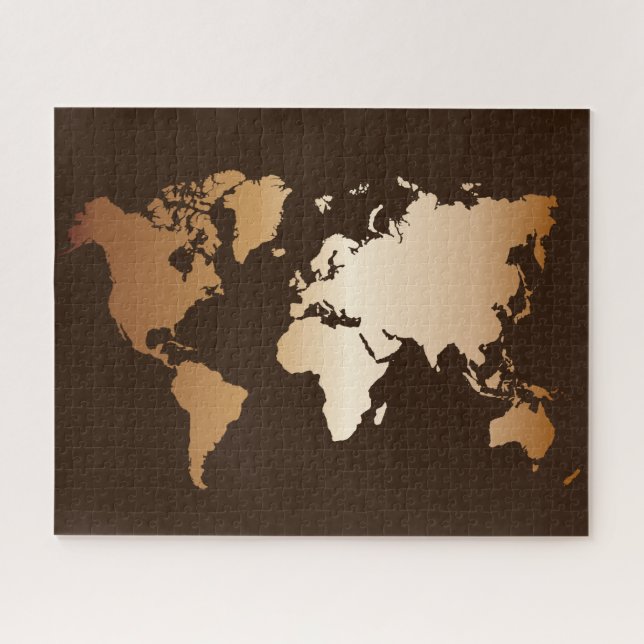 Quebra-cabeça Elegante Viagem de Mapa do Mundo Marrom e Dourado (Horizontal)