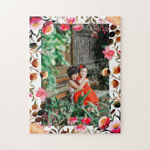 Quebra-cabeça Elegante Watercolor Floral Cor Rosa Foto Verde Flo