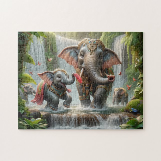 Quebra-cabeça Elephant Family Jungle Waterfall Happy Time (Horizontal)