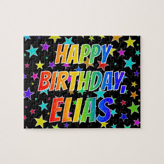 Quebra-cabeça "ELIAS" Primeiro Nome, Diversão "FELIZ ANIVERSÁRIO (Horizontal)