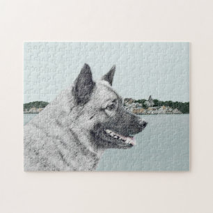 Quebra-cabeça Elkhound norueguês na pintura da vila - Arte canin