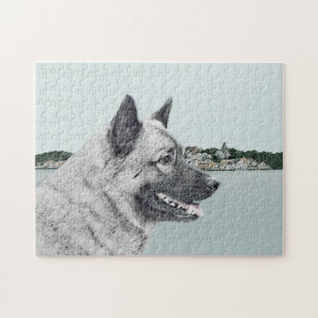 Quebra-cabeça Elkhound norueguês na pintura da vila - Arte canin (Horizontal)