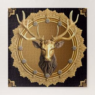 Quebra-cabeça Emblema de Cervo Dourado Elegante com Moldura Orna