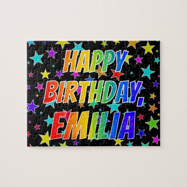 Quebra-cabeça "EMILIA" Primeiro Nome, Diversão "FELIZ ANIVERSÁRI (Horizontal)