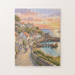 Quebra-cabeça Encantadora Aquarela do Pôr do Sol em Vila Costeir