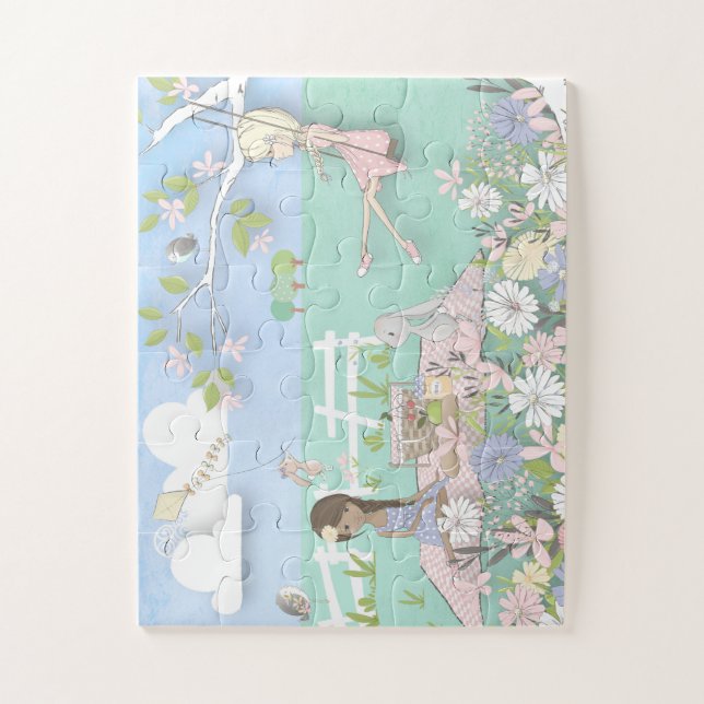 Quebra-cabeça Encantando Meninas de Cena de Picnic/Coelhinhos/Av (Vertical)