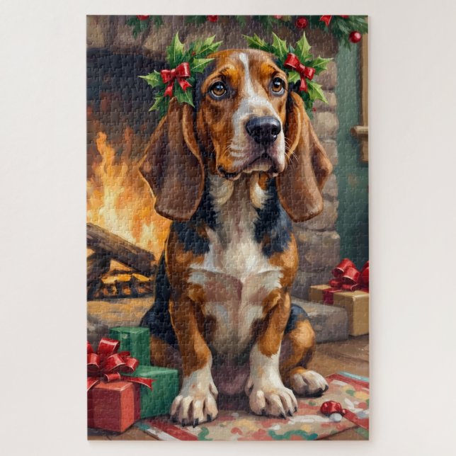 Quebra-cabeça Endearing Basset Hound Dog with Christmas Wreath (Vertical)