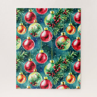Quebra-cabeça Enfeites de Natal em Aquarela, Vermelho e Verde Tu