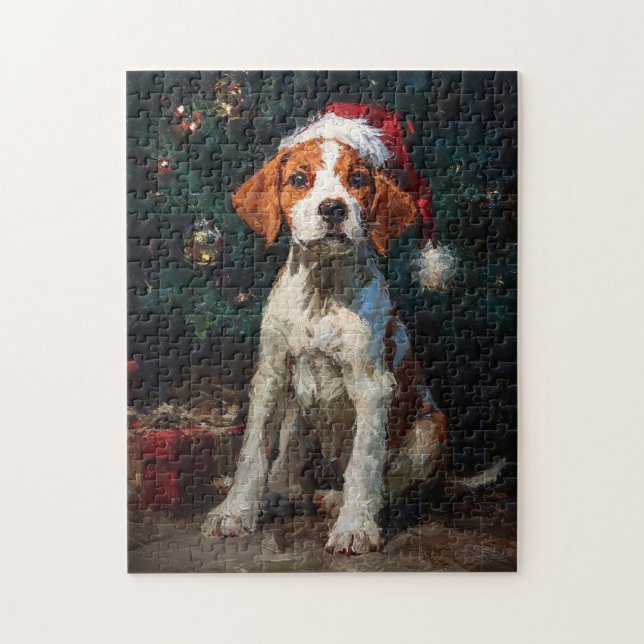 Quebra-cabeça English Foxhound Puppy Christmas Painting (Vertical)