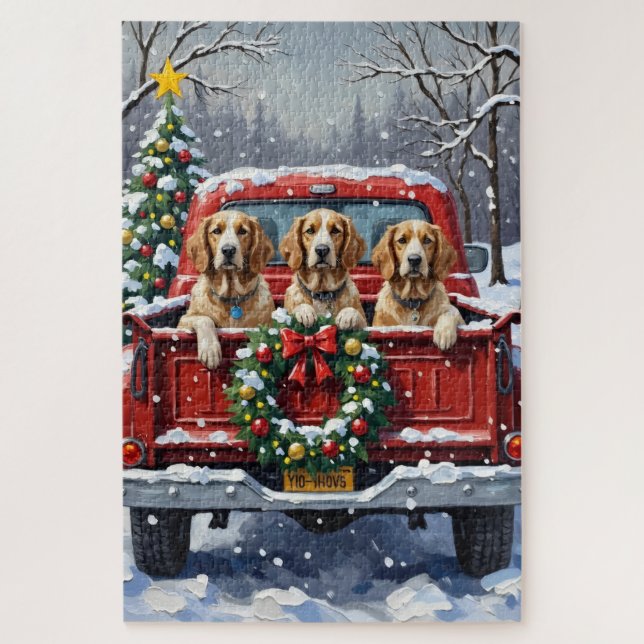 Quebra-cabeça English Setter Christmas Red Truck Holiday (Vertical)