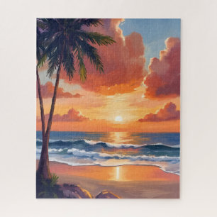 Quebra-cabeça Enseada da Hora Dourada Aquarela do Oceano Tropi