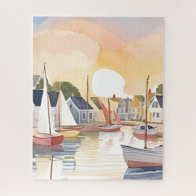 Quebra-cabeça Enseada de Barcos | Pintura em Aquarela do Oceano  (Vertical)
