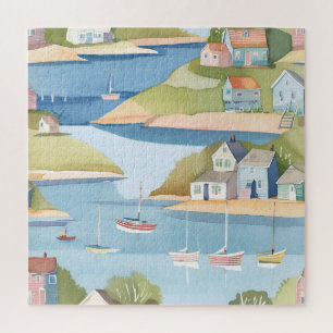Quebra-cabeça Enseada de Barcos Pintura Moderna em Aquarela
