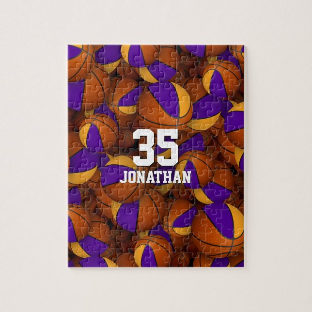 Quebra-cabeça equipe de basquete de ouro roxo personalizada (Vertical)