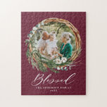 Quebra-cabeça Escrita abençoada por na moda da coroa foliar mode<br><div class="desc">A coroa de folhagem mínima moderna abençoou o presente de Foto Foto com script clássico de na moda. A mão pintada de eucalipto,  a folhagem mínima e a coroa rattan moderna rústica dão a esta design uma sensação luxuosa. Em verdes clássicos,  castanhos e cinzentos.</div>