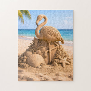 Quebra-cabeça Escultura de Areia de Flamingo na Praia Tropical