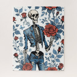 Quebra-cabeça Esqueleto legal na Jaqueta Jean com Rosas vermelha