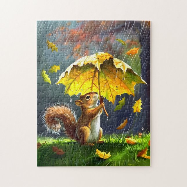 Quebra-cabeça Esquilo Com Um Guarda-Chuva Folha (Vertical)