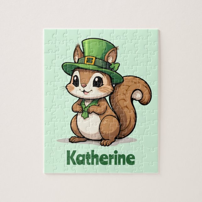 Quebra-cabeça Esquilo Fofo Personalizado do Dia de São Patrício (Vertical)