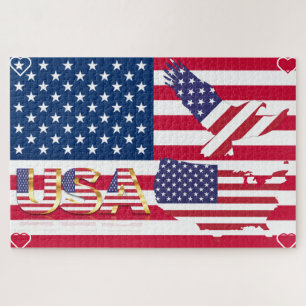 Quebra-cabeça Estados Unidos - EUA Map & Eagle Flag - Hearts
