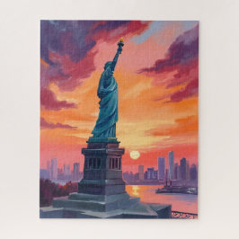 Quebra-cabeça Estátua da Liberdade NYC Horizonte Pôr do Sol Aqua