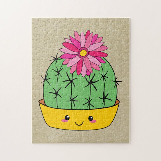 Quebra-cabeça Estilo japonês Kawaii Cactus com desenho da Flor (Vertical)