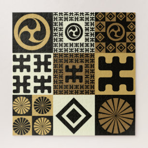 Quebra-cabeça estilo japonês, padrões sem costura de ouro preto.