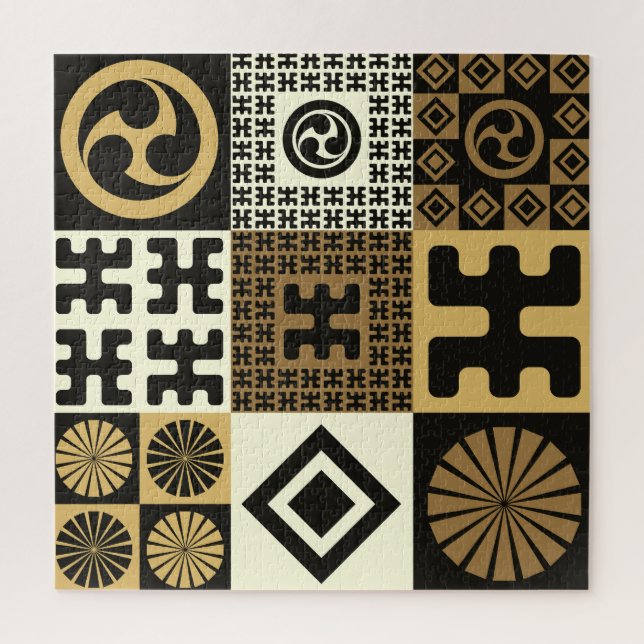 Quebra-cabeça estilo japonês, padrões sem costura de ouro preto. (Vertical)