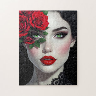 Quebra-cabeça Eu Amo Você Mulher Bonita com Rosa Vermelha