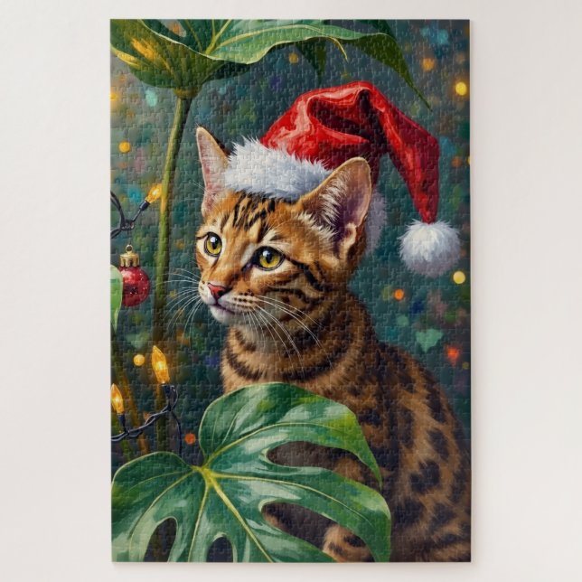 Quebra-cabeça Exotic Bengal Cat Jungle Christmas Playtime Art (Vertical)