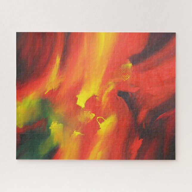 Quebra-cabeça Expressionista de Abstrato Verde Amarelo Vermelho (Horizontal)