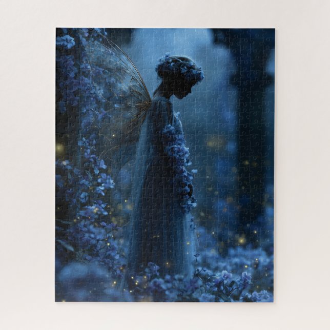 Quebra-cabeça Fada Azul Mística em um Jardim Encantado ao Luar (Vertical)