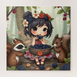 Quebra-cabeça Fada Chibi Comendo Amoras com Amigos da Floresta