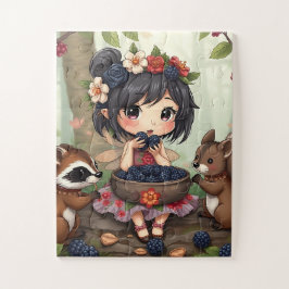 Quebra-cabeça Fada Chibi Comendo Amoras com Amigos da Floresta