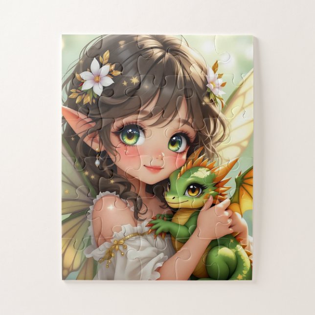 Quebra-cabeça Fada de anime fofa e dragão Chibi  (Vertical)