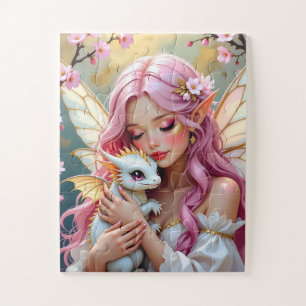 Quebra-cabeça Fada de Cabelo Rosa e Dragão Bebê Branco