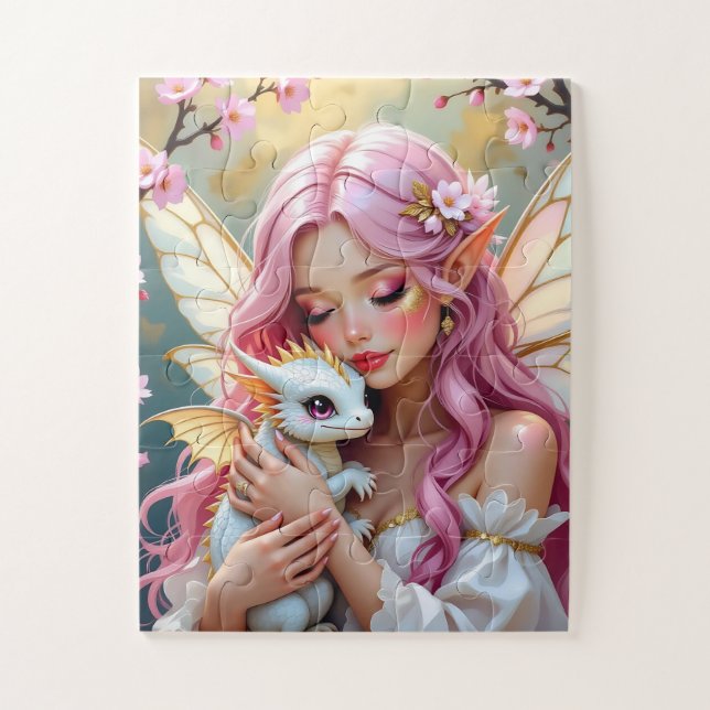 Quebra-cabeça Fada de Cabelo Rosa e Dragão Bebê Branco   (Vertical)