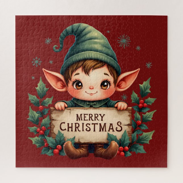 Quebra-cabeça Fada de Natal Fofo Segurando Placa Alegre Vermelha (Vertical)