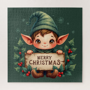 Quebra-cabeça Fada de Natal Fofo Segurando Placa Merry Verde